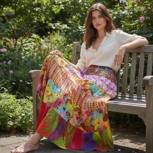 Vtg Sandy Starkman Multicolor Patchwork Boho Tiered Maxi Skirt 100% Cotton XL